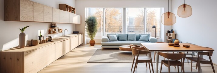 Interior of modern living room with white walls, wooden floor, panoramic windows, beige sofa and dining table. Modern Studio Apartment.