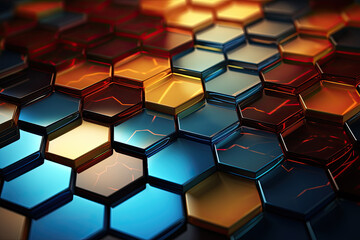 Hexagon geometric pattern background with a surreal twist, morphing into abstract shapes and colors, Generative Ai