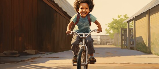 A Child learning how to ride a bicycle in outdoor blur background. AI generated image - obrazy, fototapety, plakaty