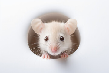 a white rat looking out of a hole