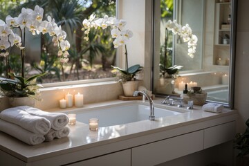 Fragment of modern stylish bathroom in natural colors. Wall-hung countertop with built-in sink, flowers and candles, large panoramic window with picturesque garden view. Contemporary interior design.