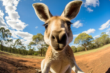 Naklejka na ściany i meble a kangaroo is looking at the camera with a wide angle