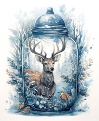 An illustration of a watercolor painting of a vase with a reindeer inside