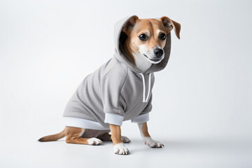 a dog wearing a hoodie sitting on a white surface