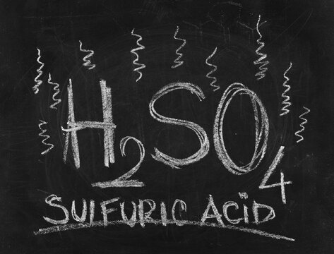 Icon H2SO4, sulfuric acid hand draw chalk on chalkboard, blackboard texture