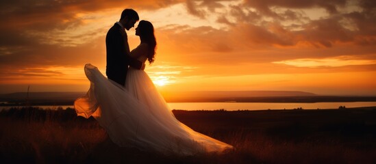 Wedding photography Beautiful bride and groom on the sunset lake background - obrazy, fototapety, plakaty