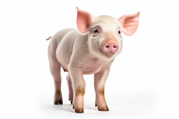 a pig standing on a white surface with its head turned - obrazy, fototapety, plakaty