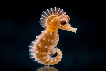a close up of a seahorse on a black background