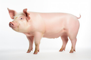 a pig standing on a white surface with its head turned