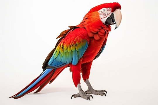 a red and green parrot standing on a white surface