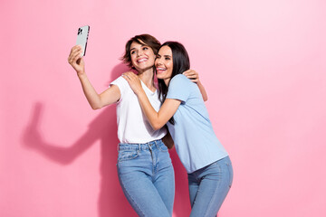 Photo of relatives two best friends girls hugs together chill selfie cadre portrait have fun...
