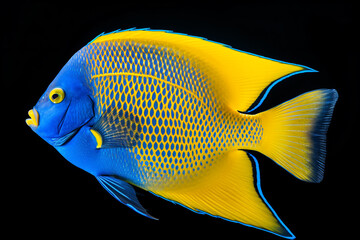 a blue and yellow fish with a black background