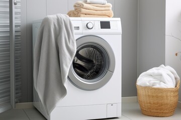 home laundry room with modern washing machine. AI Generated