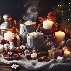 christmas still life with candles coffee and decoration