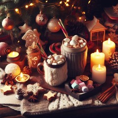 Obraz na płótnie Canvas christmas still life with candles coffee and decoration