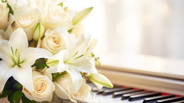 bouquet of white roses and lilies on white piano keys represents romance, love, serenity, and music, perfect for Valentine's Day, holiday celebrations and music events. Copy space