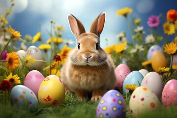 Fototapeta na wymiar Easter bunny and colorful eggs on green grass with flowers background.