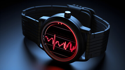 Smart watch with cardiogram and bp monitoring graphics. Close up view of smartwatch. Close-up of a clock that shows, steps, kilometers and bpm. - obrazy, fototapety, plakaty
