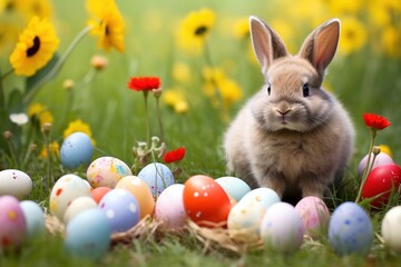 Easter bunny and colorful eggs on green grass with flowers background.