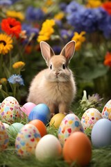 Easter bunny and colorful eggs on green grass with flowers background.