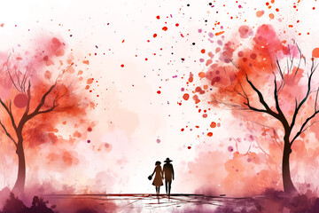 Watercolor Romantic Couple Illustration Background with Copy Space for Valentines Day - obrazy, fototapety, plakaty