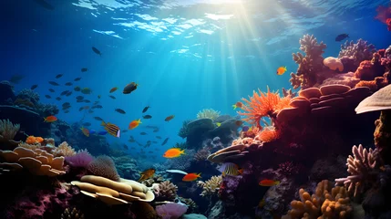  Tropical sea underwater fishes on coral reef. Aquarium oceanarium wildlife colorful marine panorama landscape nature snorkel diving © petrrgoskov