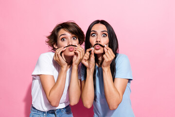 Photo portrait of two joke funky lady brunette hair best friends forever playing hair mustache blow lips isolated on pink color background