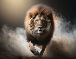 Lion charging out from the dark.