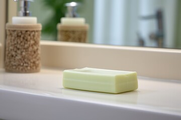Fototapeta na wymiar Bowl with soap bar in light bathroom. AI Generated