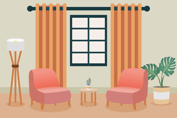 Interior design of a living room with sofa, curtain, standing lamp, and plant. Home interior. Vector illustration.