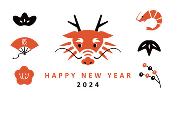2024 New Year card design. Dragon head and Japanese auspicious things.