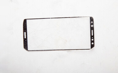 Old broken screen with cracks background on white uneven background.