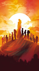 Silhouette of a group of women in the evening with sunset. International Women's Day and March 8 concept.