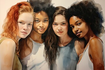 Obraz premium Watercolor of three women, symbolizing unity and diverse femininity