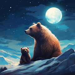 Bear and a baby bear sitting on a snowy hill with the Moon 