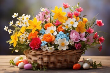 Obraz na płótnie Canvas Abundant Easter Basket Overflowing with Colorful Flowers