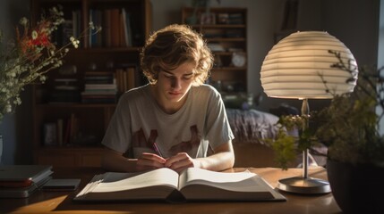 Teens with Attention Deficit Hyperactivity Disorder (ADHD), Teenager with Lack of Focus Writing on Notebook in Residential Setting - obrazy, fototapety, plakaty