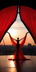Professional Aerial Silk Artist in Red Suit Practicing Silhouette Under Glass Bridge in Kiev City