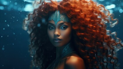 Stunningly-haired African American Mermaid illustrated in water through Generative AI.