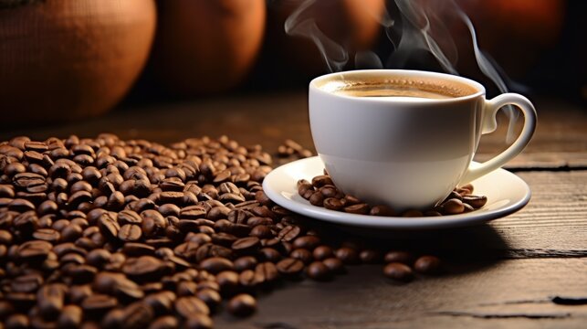 Coffee cup and coffee beans filled with steming latte.UHD wallpaper