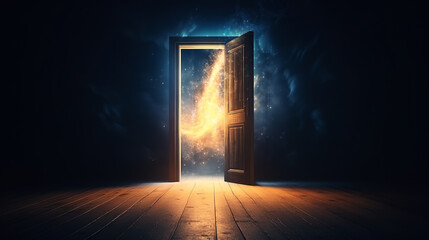 An open magic door in a dark room. Magic particles, smoke, smog - obrazy, fototapety, plakaty