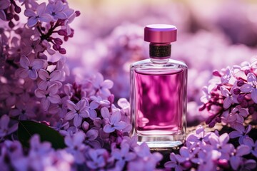 Obraz na płótnie Canvas Purple perfume bottle surrounded by lilacs