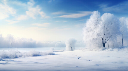 Frosted white tree on frosty winter day against blue sky with gentle fluffy clouds. Snow-covered fields. Atmosphere of calm and tranquility. Copy space.