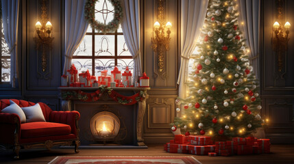 Fototapeta na wymiar Merry Christmas and happy New Year postcard mock up with copy space. Christmas trees, blazing fireplace, armchair and gifts in holiday room interior.