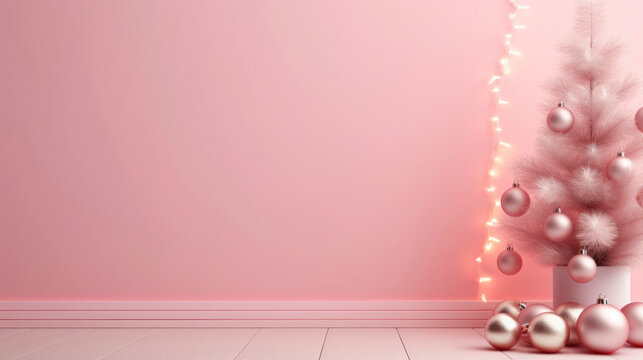 Pink wall mockup with copy space decorated in Christmas style with lights and Christmas trees and balls. Beautiful holiday template in pink.