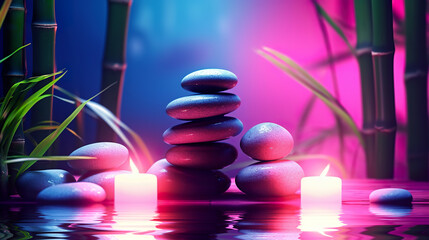 Dark background of spa procedures, massage. Stones, candles, bamboo are reflected on the water - Powered by Adobe