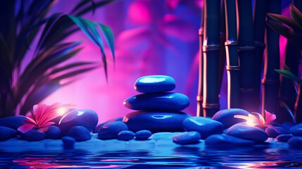 Dark background of spa procedures, massage. Stones, candles, bamboo are reflected on the water - 682840377