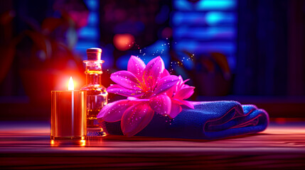 Dark background spa procedures, massage. Orchid, candle and oil on a wooden tabletop - 682840564