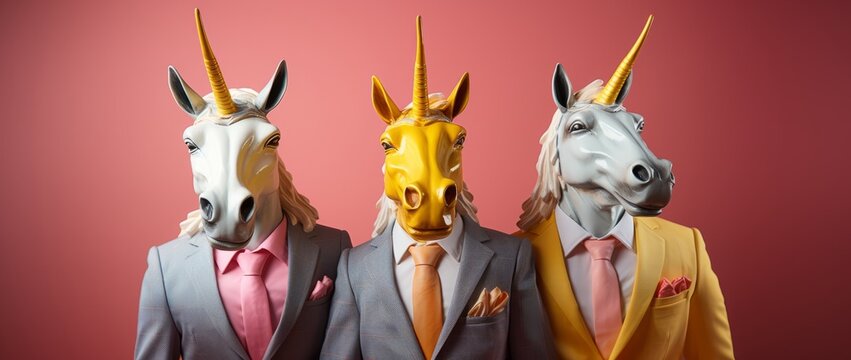 Three Dapper Unicorns Posing in Business Attire in Front of a Pink Background. Three people in unicorn masks wearing suits and ties standing next to each other in front of a bright pink backdrop