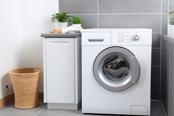 home laundry room with modern washing machine. AI Generated